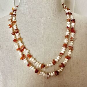 Carnelian and fresh water pearl long necklace